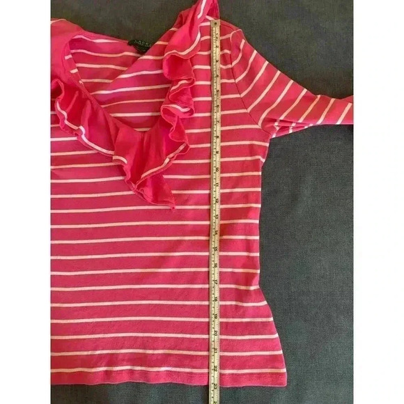 Lauren Ralph Lauren Long-Sleeved Pink and White Striped Ruffled V-Neck Shirt - Picture 7 of 7